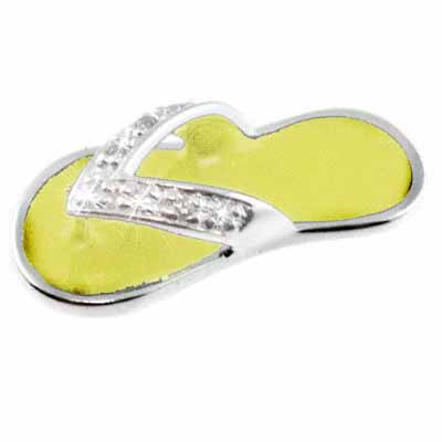 Sterling Silver Simulated Diamond CZ and Yellow Enamel  Flip Flop Sandal Pendant