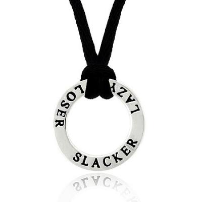 Sterling Silver Loser  Lazy  Slacker  Circle Black Silk Pendant Necklace