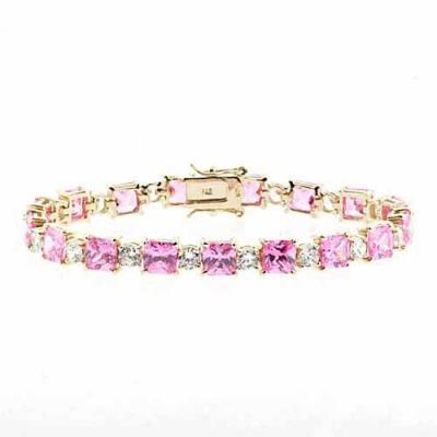 18K Gold over Sterling Silver Pink & Clear CZ Square & Round Tennis Bracelet