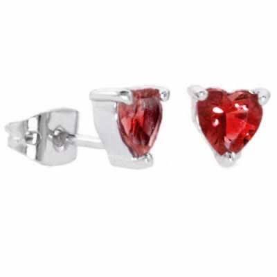 Sterling Silver Red CZ Heart Stud Earrings