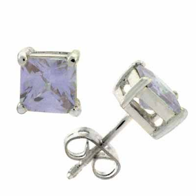 Sterling Silver Lavender CZ Square Stud Earrings, 6mm