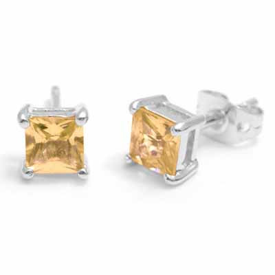 Sterling Silver Champagne CZ Square Stud Earrings