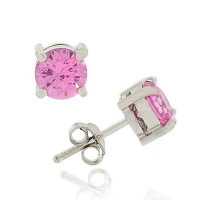 Sterling Silver Pink CZ Round Stud Earrings