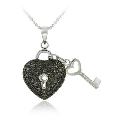 Sterling Silver Black Diamond Accent Heart & Key Necklace, 18'