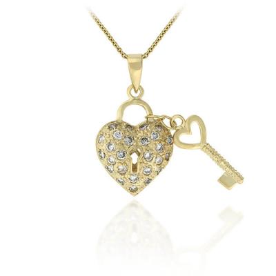 18k Gold over Sterling Sillver Designer-Inspired Heart & Key CZ Pendant