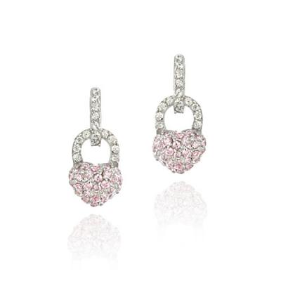 Simulated Diamond CZ and Pink CZ Heart Padlock Charm Earrings