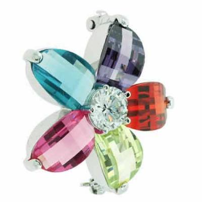 Sterling Silver Multi Color red, light green, magenta, Simulated Aquamarine and Amethyst cz Flower Pin