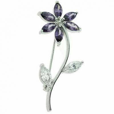 Sterling Silver Simulated Amethyst cz and Simulated Diamond cz Flower Pin