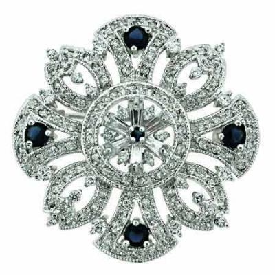 Sterling Silver Simulated Diamond cz and Blue cz Flower Pin