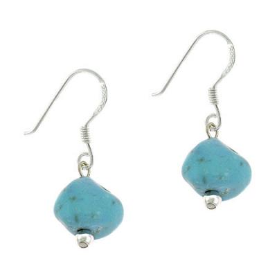 Sterling Silver .925 Simulated Blue Turquoise Stone Nugget Dangle Earrings