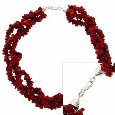 Sterling Silver .925 Red Genuine Sea Bamboo Coral Chip Stone Twisted 3 Strand Torsade Necklace