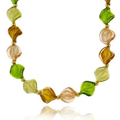 18K Gold over Sterling Silver Multi-Colored Twisted Glass Foil Bead Necklace