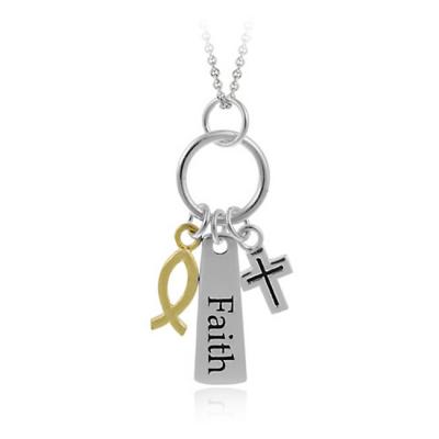 18k Gold over Silver Two-tone Faith and Cross Necklace