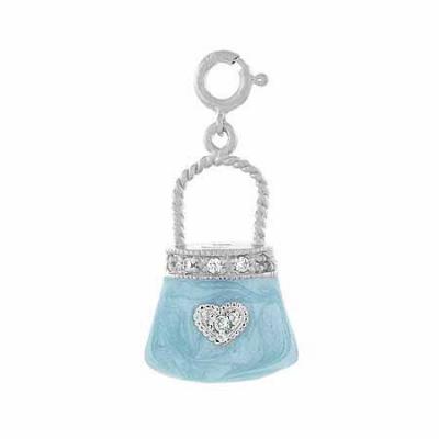 Sterling Silver 3-D Light Blue Enamel Simulated Diamond cz Heart Hand Bag Purse Pendant/Charm