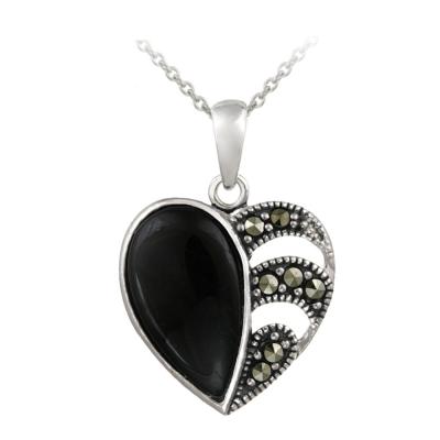 Sterling Silver Marcasite & Onyx Heart Pendant