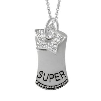 Sterling Silver Super Star CZ Dog Tag Necklace