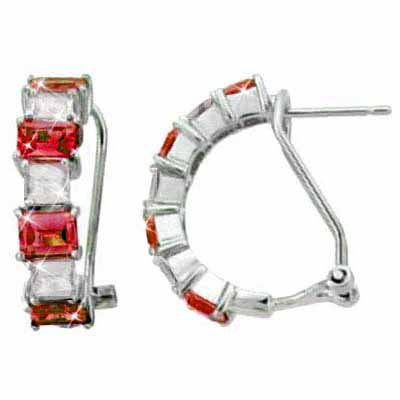 Sterling Silver Red & White CZ Half Hoop Earrings