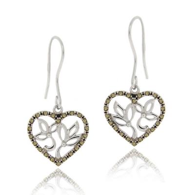 Sterling Silver Marcasite Filigree Heart Dangle Earrings