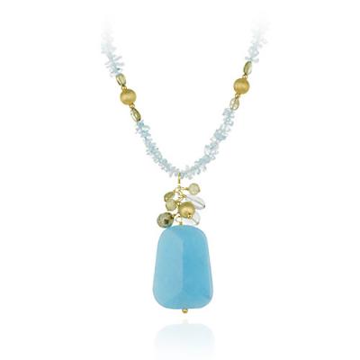 18K Gold over Silver Satin Beads & Blue Quartz Chips w/ Dangling Cluster Fashion Necklace