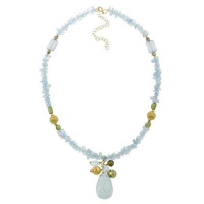 18K Gold over Silver Satin Beads & Blue Quartz Chips w/ Dangling Teardrop Cluster Fashion Necklace