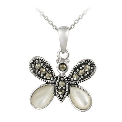 Sterling Silver Marcasite & Mother of Pearl Butterfly Pendant
