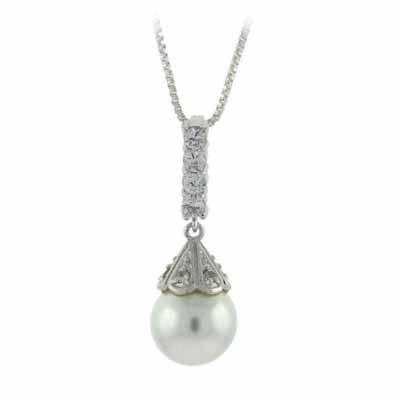 Sterling Silver Simulated Pearl & CZ Drop Pendant