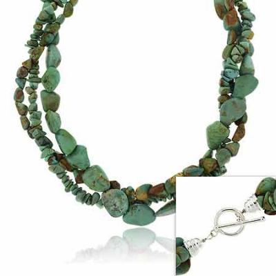 Sterling Silver Genuine Turquoise Stone Nugget Chip Toggle Torsade Necklace