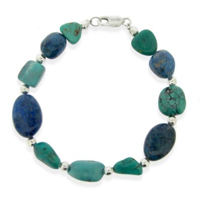 Sterling Silver Denim Lapis & Created Turquoise Nuggets Bracelet