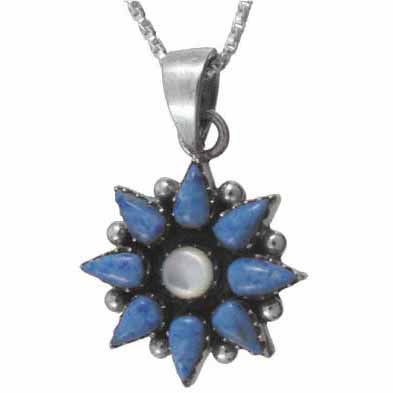Sterling Silver Flower Genuine Mother of Pearl and Denim Lapis pendant