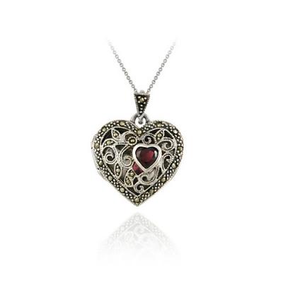 Sterling Silver Marcasite and Garnet Filigree Heart Locket Pendant