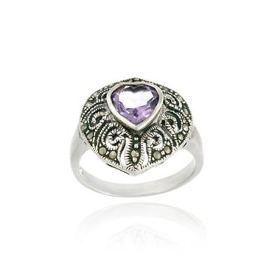 Sterling Silver Marcasite and Amethyst Filigree Heart Ring