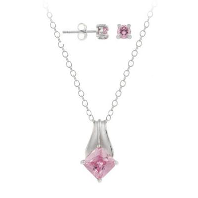 Sterling Silver Pink CZ Solitaire Pendant & Stud Earrings Set