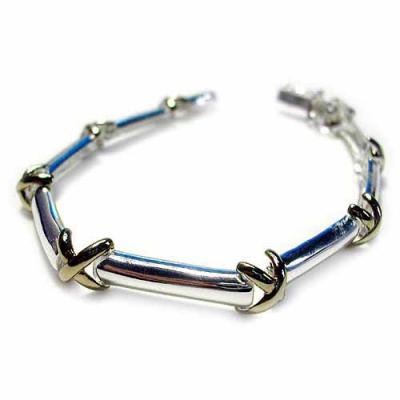 Sterling Silver Two Tone X & Bar Link Bracelet