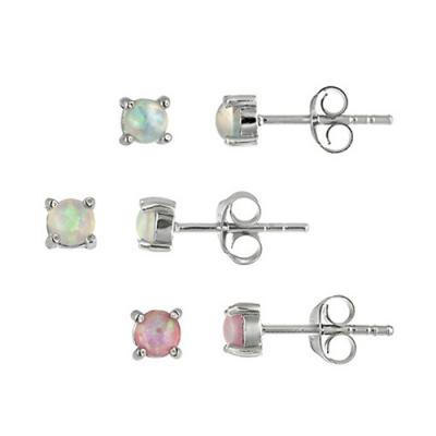 Sterling Silver Pink, Blue, and White Round Created Opal Stud Earrings Set