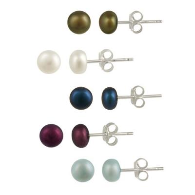 Sterling Silver Multi Color 5-6mm Freshwater Cultured Pearl Stud Earrings (Set of 5)