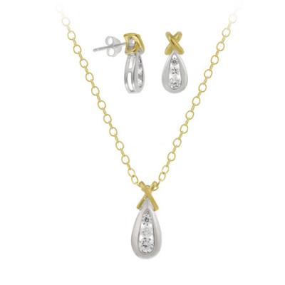 18K Gold over Sterling Silver Two Tone CZ 'X' and Teardrop Pendant & Earrings Set