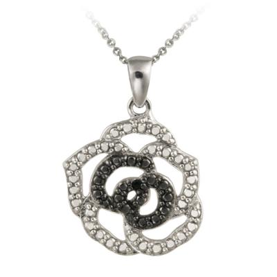 Sterling Silver Black Diamond Accent Rose Flower Pendant