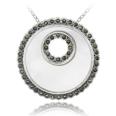 Sterling Silver Mother of Pearl & Marcasite Disc Pendant