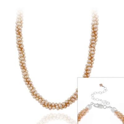 Sterling Silver Freshwater Cultered Peach Pearl Three Row Twisted Necklace