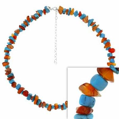 Sterling Silver Reconstituted Turquoise and Genuine Carnelian Stone Chip Necklace