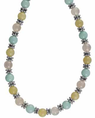 Genuine Amazonite, Aragonite,Rose Quartz Beads, and Sterling Silver Bali Beads Necklace