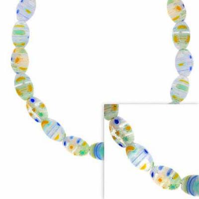 Sterling Silver Murano Glass Green, Blue, Yellow, and White Oval Millefiori Necklace