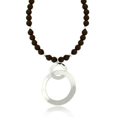 Sterling Silver Faceted Genuine Smoky Quartz stone bead Circle Hoop Necklace