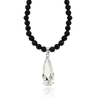Sterling Silver Faceted Genuine Onyx stone Bead Diamond cz TearDrop Necklace