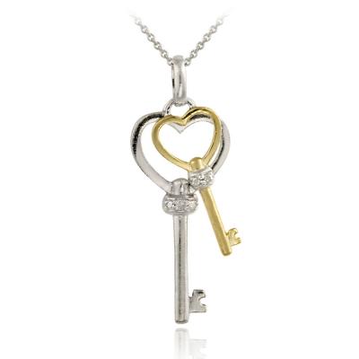 Sterling Silver Two-Tone Diamond Accent Double Heart Key Pendant