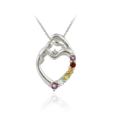 Sterling Silver Multi Gemstone & Diamond Accent Mother and Baby Heart Pendant