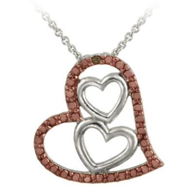 Sterling Silver Two-tone Rose Gold Champagne Diamond Accent Triple Heart Pendant