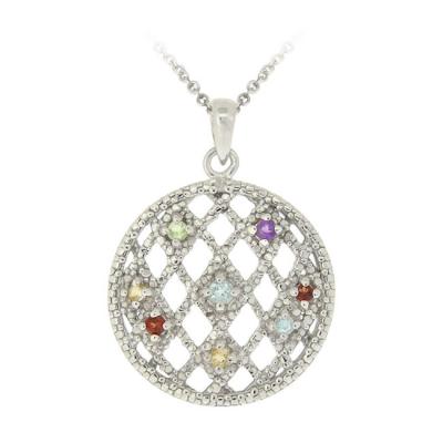 Sterling Silver Multi Gemstones & Diamond Accent Weave Pattern Circle Pendant