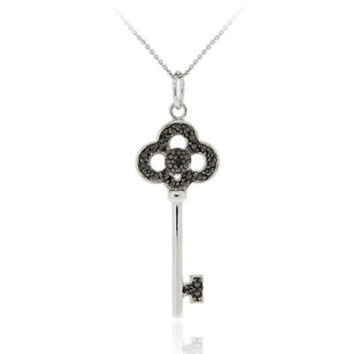 Sterling Silver Designer Inspired Black Diamond Accent Crown Key Pendant