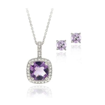 Sterling Silver 2.85ct Amethyst & Diamond Accent Square Necklace & Earrings Set